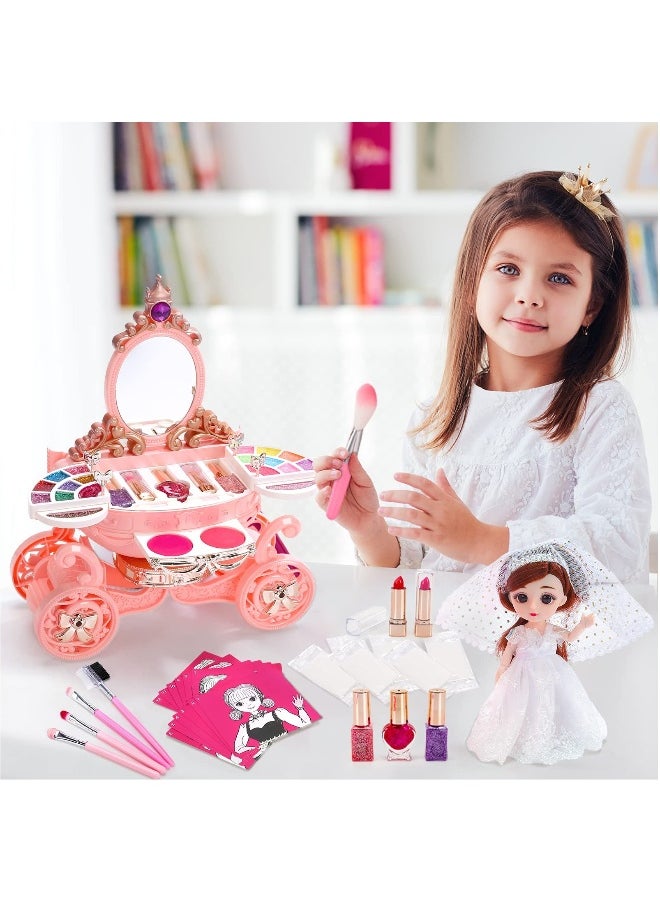 Kids Makeup Kit for Girl, 55 Pack Pretend Beauty Salon Play Set Makeup Toys, Play Makeup Set with Washable Non-Toxic Cosmetic, Princess Doll, Makeup Vanity Toy Set for Girl Ages 3 and Up