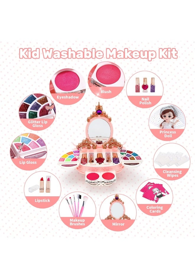 Kids Makeup Kit for Girl, 55 Pack Pretend Beauty Salon Play Set Makeup Toys, Play Makeup Set with Washable Non-Toxic Cosmetic, Princess Doll, Makeup Vanity Toy Set for Girl Ages 3 and Up