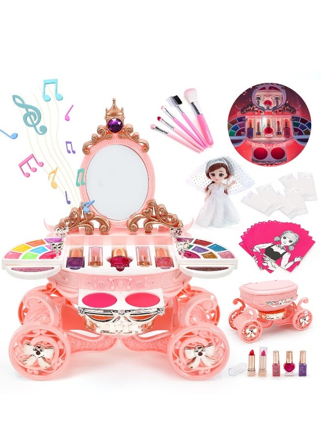 Kids Makeup Kit for Girl, 55 Pack Pretend Beauty Salon Play Set Makeup Toys, Play Makeup Set with Washable Non-Toxic Cosmetic, Princess Doll, Makeup Vanity Toy Set for Girl Ages 3 and Up