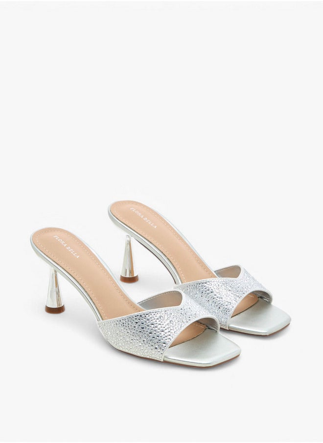 Embellished Slip-On Sandals with Flared Heel