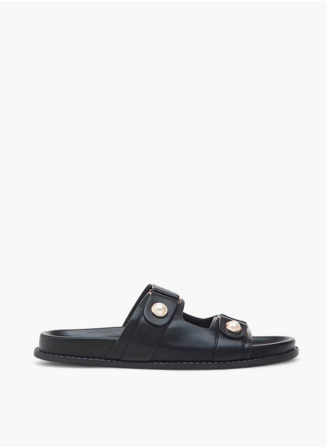Textured Pearl Embellished Slip-On Flat Sandals