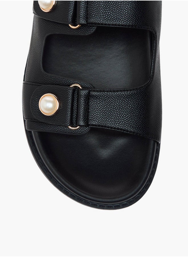Textured Pearl Embellished Slip-On Flat Sandals