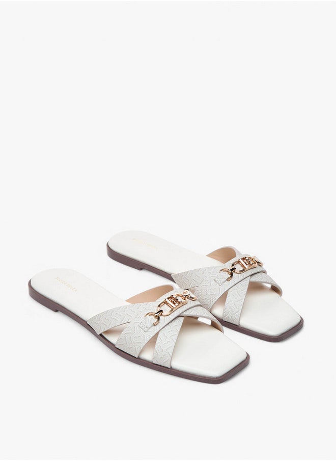 Monogram Print Cross Strap Slip-On Flat Sandals with Metal Accent