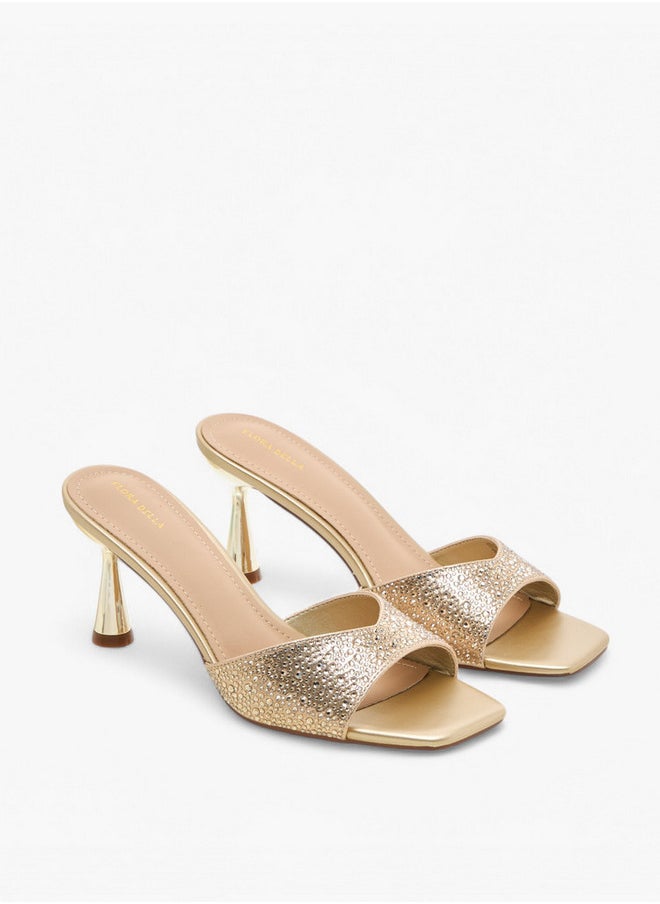 Embellished Slip-On Sandals with Flared Heel