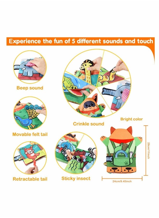 Baby Books Toys with Hand Puppets, Touch and Feel Crinkle Cloth Book for Babies Infant Toddler, Early Development Interactive Car & Stroller Soft Toys for 0 -12 Month 1 2 Years Old Boys Girls