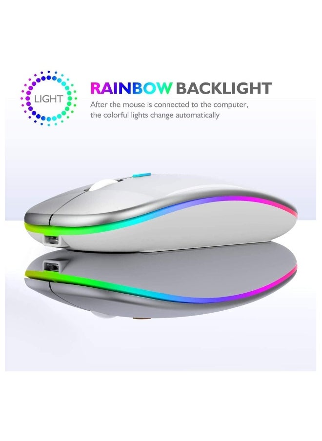 LED Wireless Mouse Rechargeable Slim Silent Mouse 2.4G Portable Mobile Optical Office Mouse with USB & Type-c Receiver 3 Adjustable DPI for Notebook PC Laptop Computer Desktop (White)
