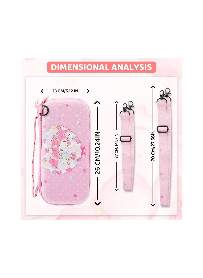 Pink Bunny Pattern Carrying Case for Nintendo Switch OLED - Hard Protective Storage with Shoulder Strap, Hand Strap, Screen Protector, and 2 Thumb Caps. Perfect for gamers on the go!