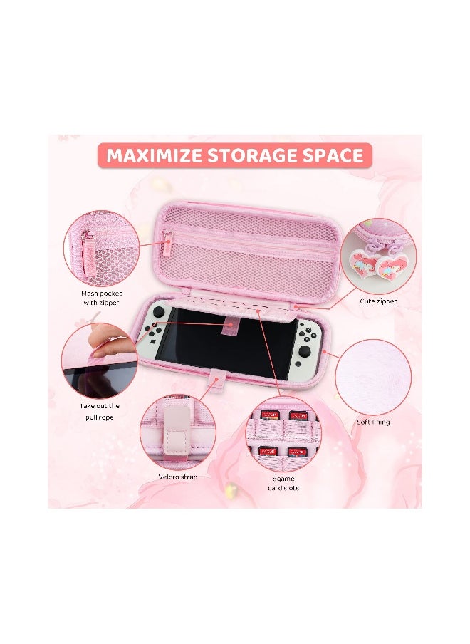 Pink Bunny Pattern Carrying Case for Nintendo Switch OLED - Hard Protective Storage with Shoulder Strap, Hand Strap, Screen Protector, and 2 Thumb Caps. Perfect for gamers on the go!
