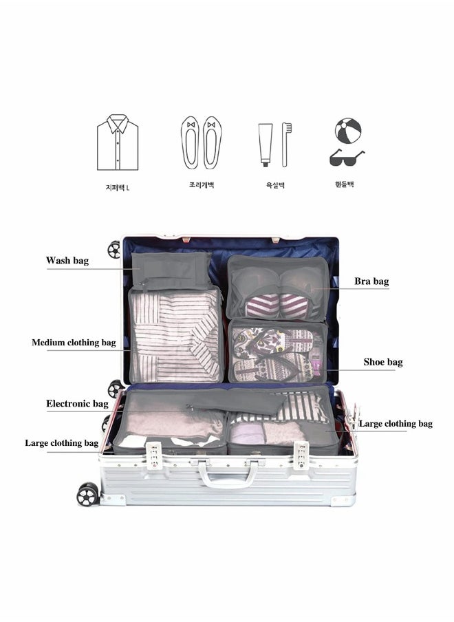 Packing Cubes for Travel, 7 Set Luggage Organizers with Shoe Bag, Clothes Bag, Electronics Bag, Cosmetics Bag, Made with Wearable Waterproof Fabric, Packing Organizers for Travel Accessories (Gray)