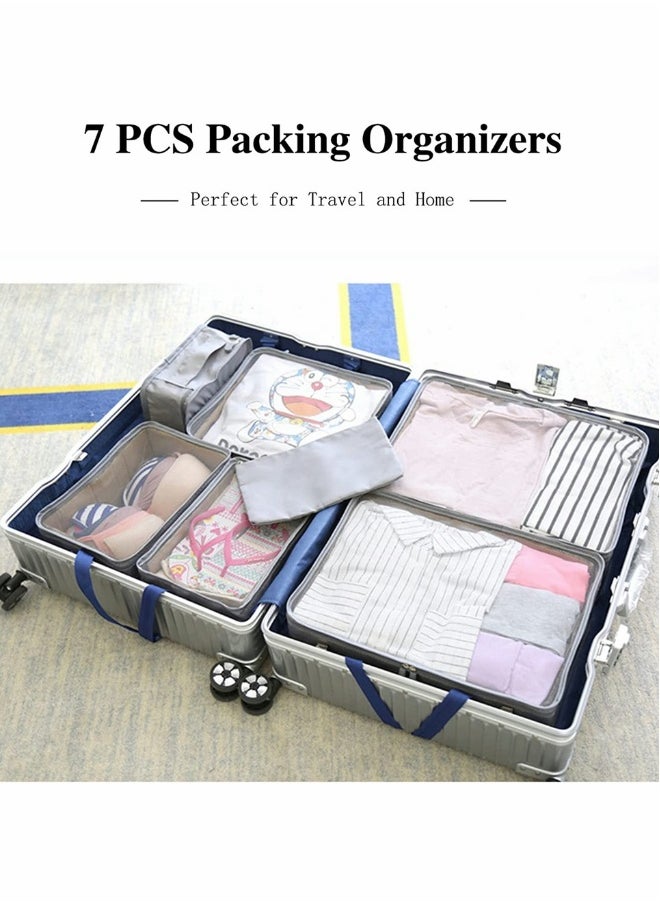 Packing Cubes for Travel, 7 Set Luggage Organizers with Shoe Bag, Clothes Bag, Electronics Bag, Cosmetics Bag, Made with Wearable Waterproof Fabric, Packing Organizers for Travel Accessories (Gray)