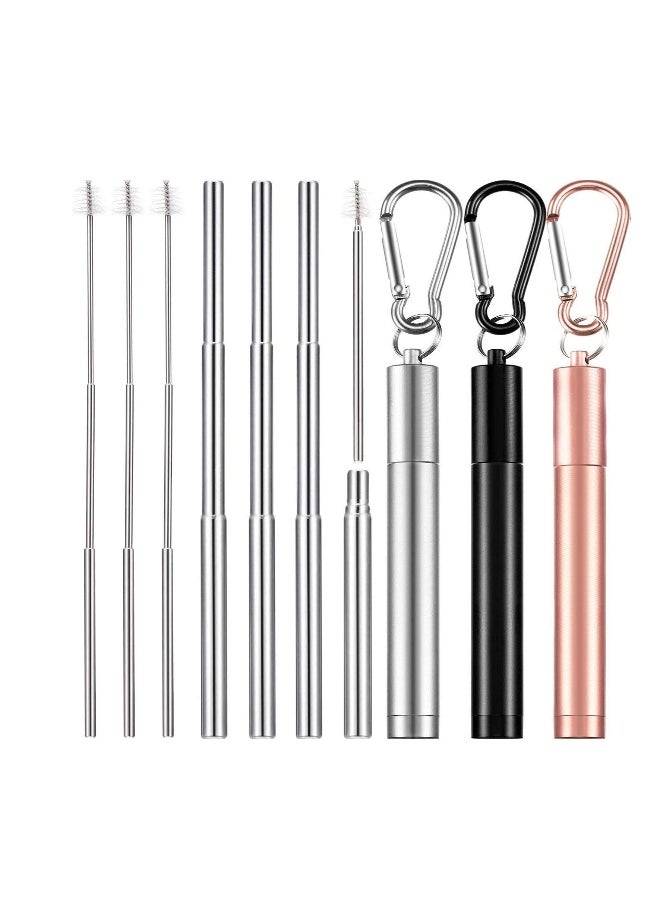 Reusable Telescopic Metal Straws, 3 Pack Stainless Steel Collapsible Drinking Straw, Portable Pocket Drinking Straws for Travel, with Cleaning Brush & Carabiner (Rose, Black, Silver)