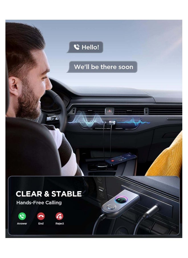 Bluetooth 5.3 Receiver for Car ENC Noise Cancelling AUX Bluetooth Adapter for Car 3.5mm Jack Kit with Built-in Microphone Aux Input for Car Speaker Hands-Free Call Home Stereo