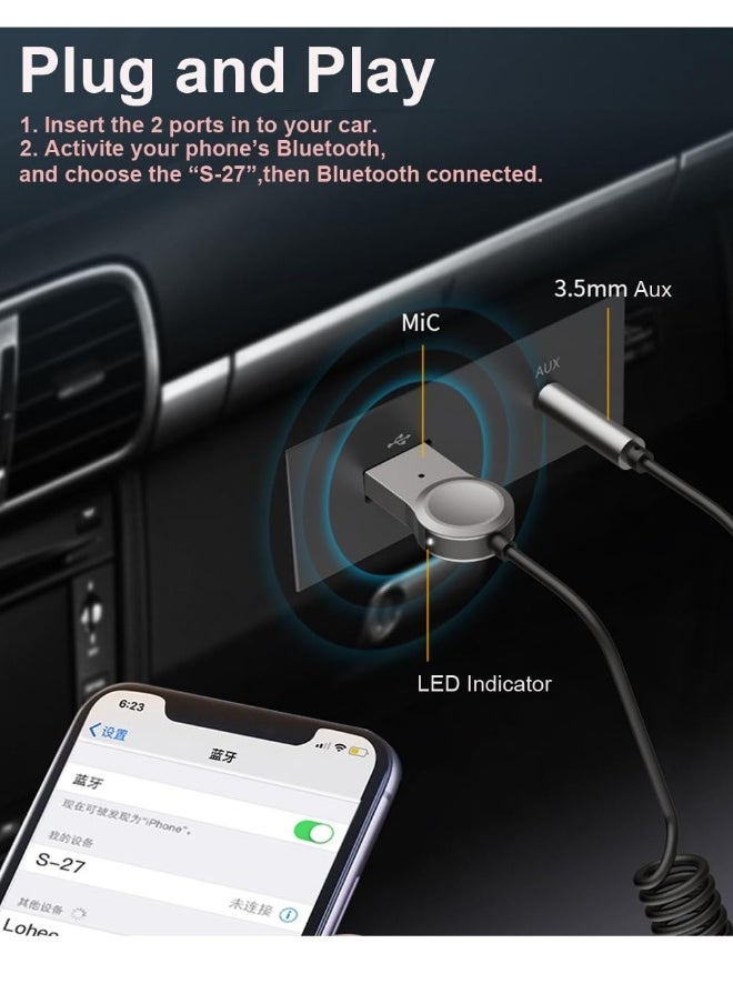 Aux to Bluetooth 5.1 Adapter, High Resolution Wireless Audio Bluetooth 5.1 Adapter with Audiophile USB DAC 3.5mm AUX for Car/Home Stereo Hi Res Music Streaming, No Charging Needed