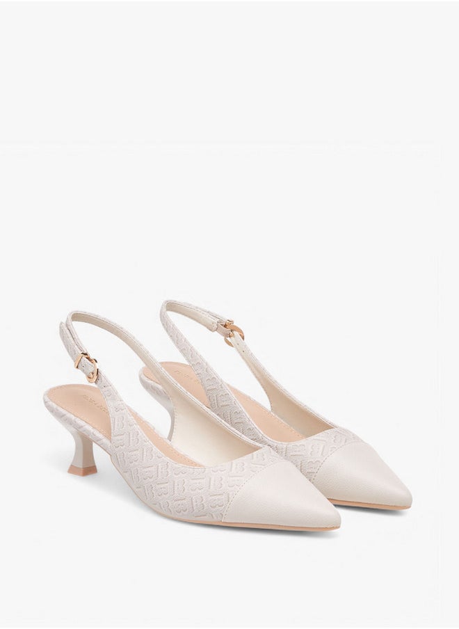 Women's Monogram Print Pointed Toe Slingback Shoes with Kitten Heels