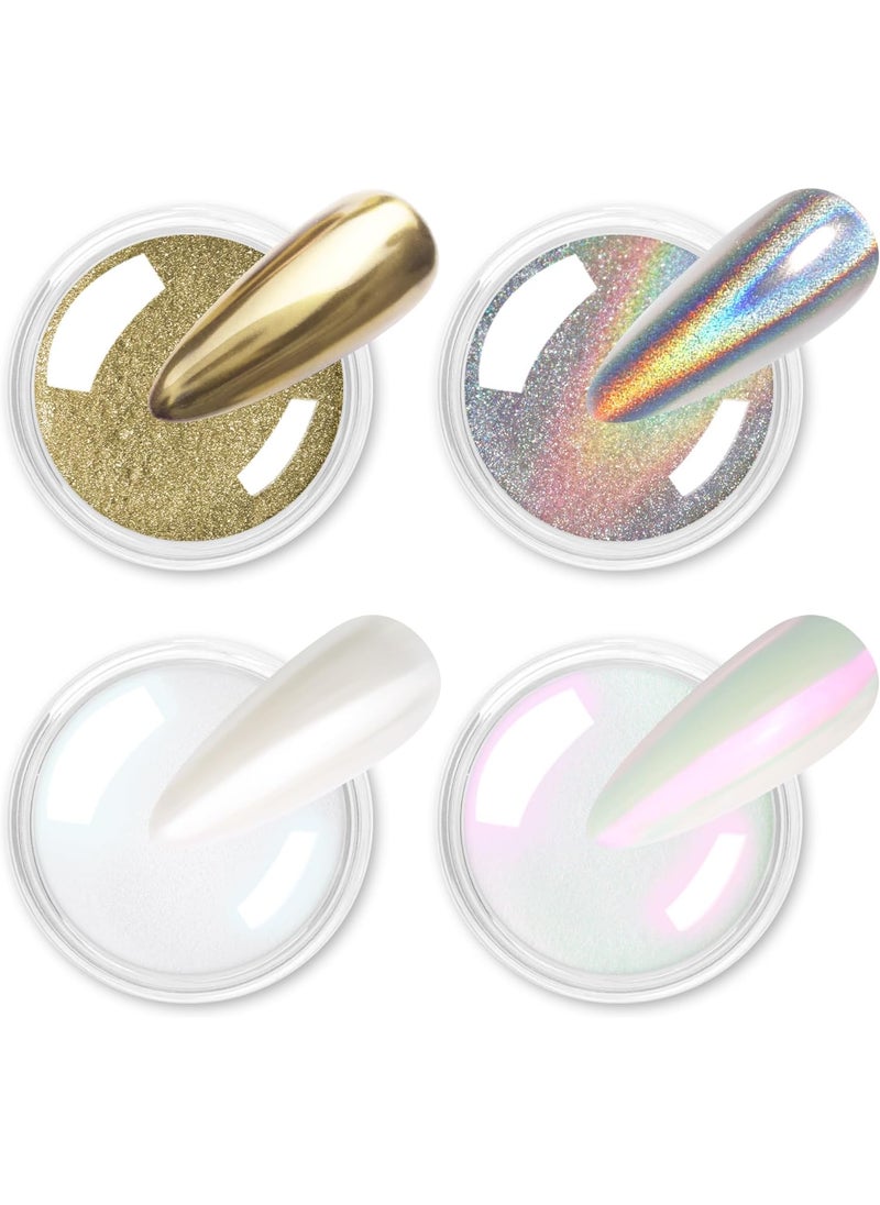 Allstarry Chrome Nail Powder 4pcs White Pearl Chrome Pigment Powder Iridescent Holographic Nail Glitter Dust Metallic Mirror Effect Pigment for Nail Gel Manicure DIY at Home Salon Women Gifts