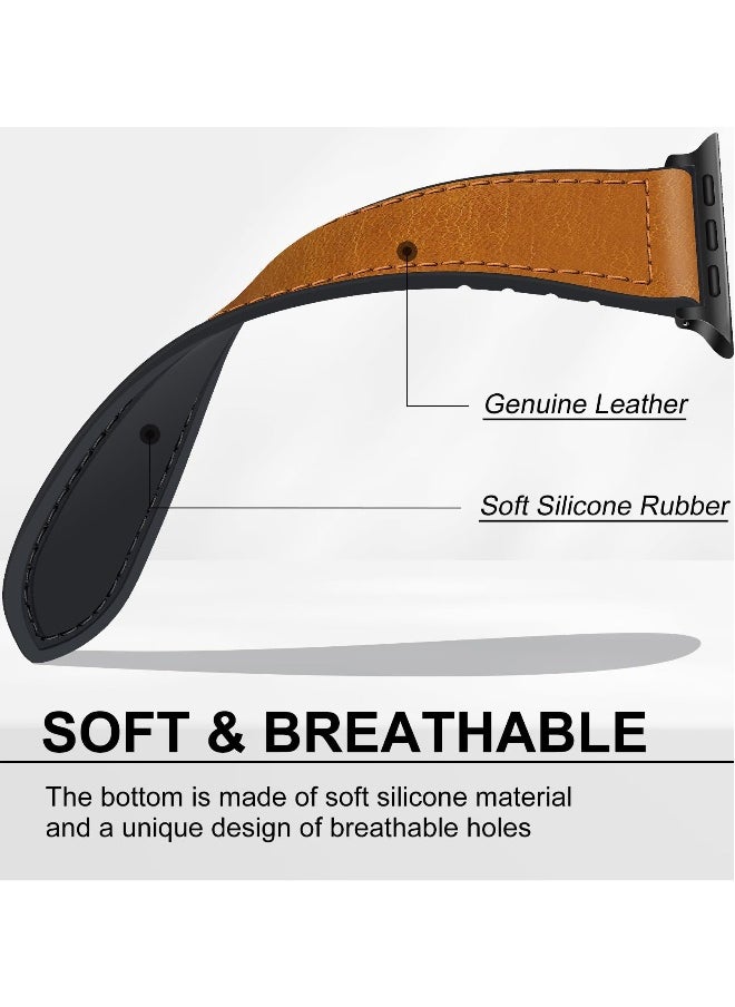 Leather Watch Band Compatible with Apple Watch 49mm, 45mm, 44mm, 42mm, Genuine Leather Strap with Magnetic Buckle for Apple Watch Ultra/Ultra 2 Series, Classic Brown