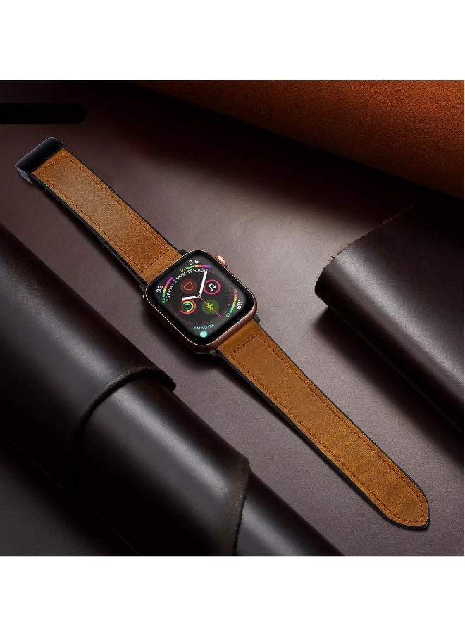 Leather Watch Band Compatible with Apple Watch 49mm, 45mm, 44mm, 42mm, Genuine Leather Strap with Magnetic Buckle for Apple Watch Ultra/Ultra 2 Series, Classic Brown