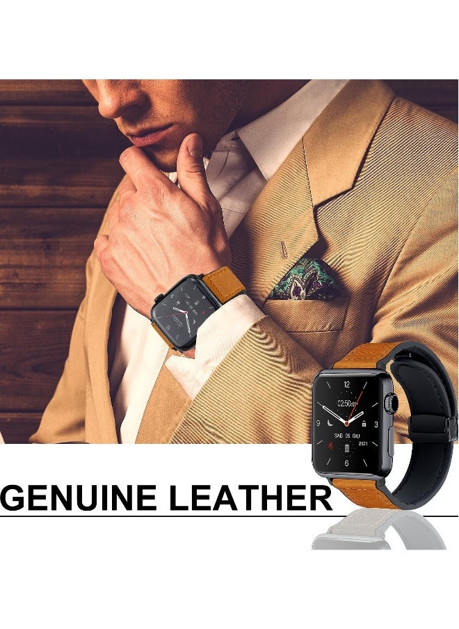 Genuine Leather Magnetic Buckle Watch Band for Apple Watch Ultra/Series 49mm, 45mm, 44mm, 42mm, Classic Brown Strap