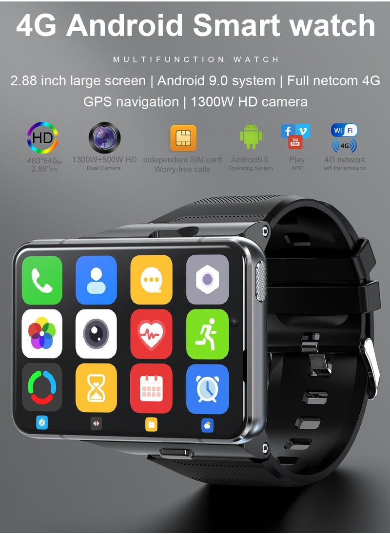 2.88″ Large HD Touch Screen 4G Android Smartwatch with SIM Card Slot, Full-Netcom Android 9.0, Dual HD Cameras (1300W + 500W)
