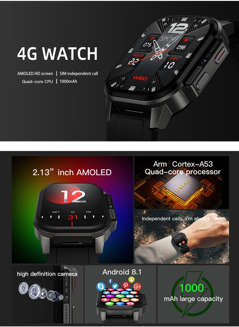 2.13″ AMOLED HD Smartwatch with 4G SIM, Heart-Rate & Fitness Tracking, Quad-Core CPU, 1000mAh Battery – Independent Calls & Messages