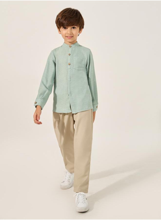 Plain Mandarin Collared Shirt with Pocket