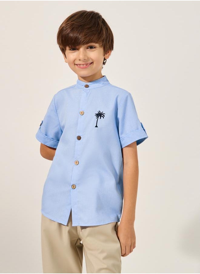 Embroidered Detail Mandarin Collared Shirt