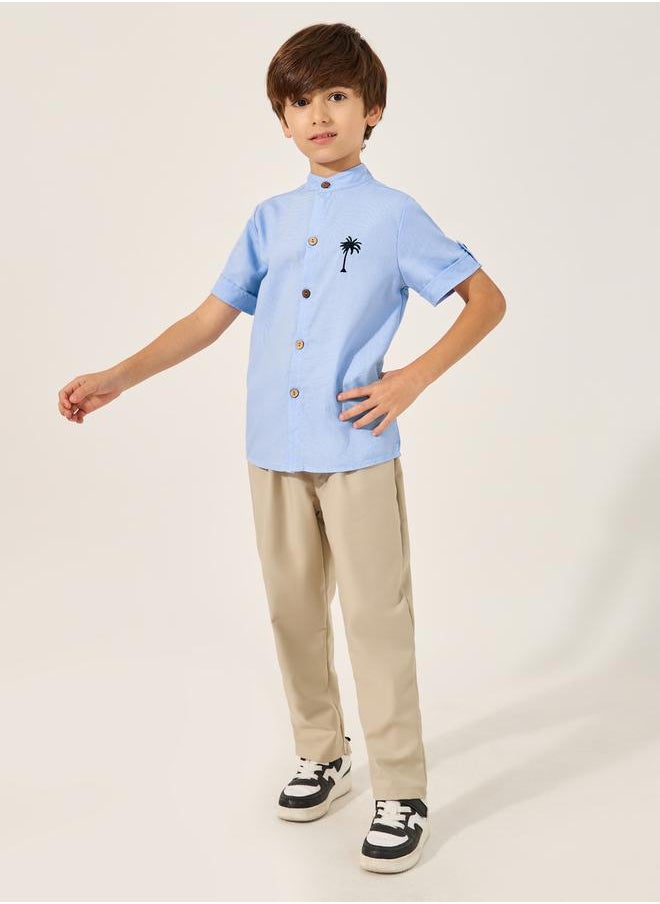 Embroidered Detail Mandarin Collared Shirt