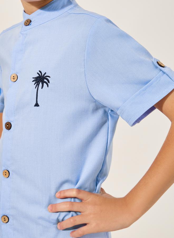 Embroidered Detail Mandarin Collared Shirt
