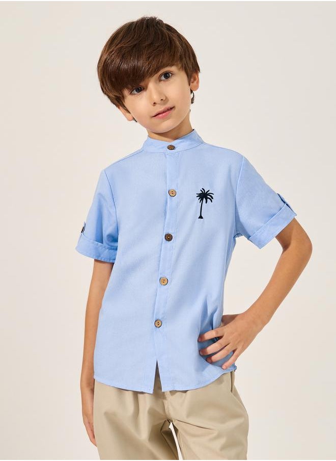 Embroidered Detail Mandarin Collared Shirt