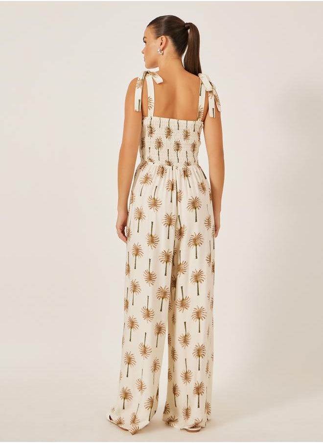 Beige Palm Tree Print Wide Leg Jumpsuit