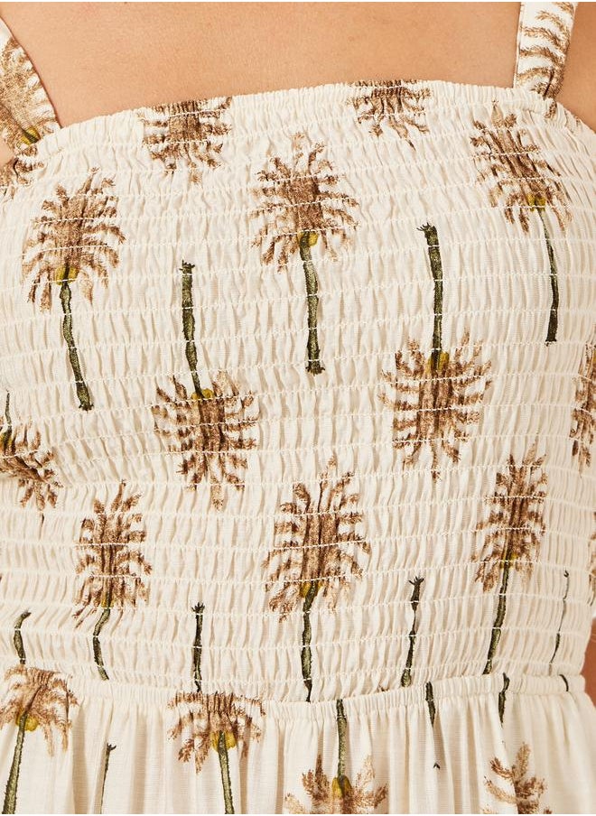 Beige Palm Tree Print Wide Leg Jumpsuit
