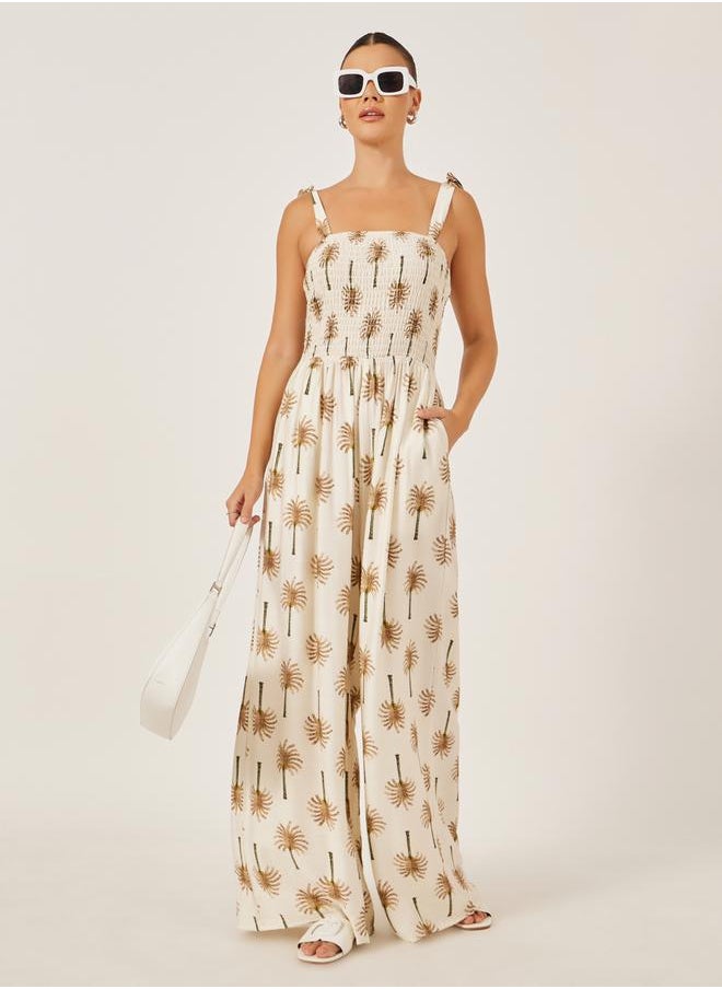 Beige Palm Tree Print Wide Leg Jumpsuit