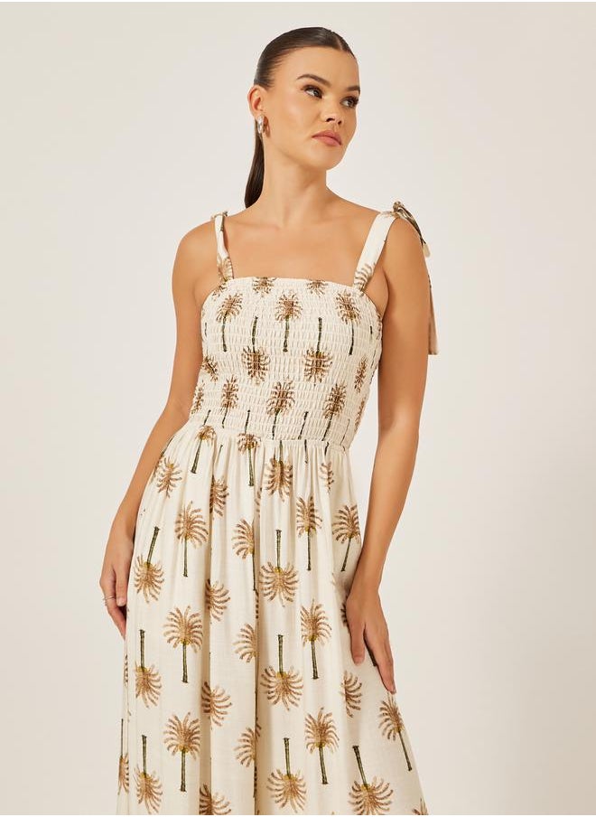 Beige Palm Tree Print Wide Leg Jumpsuit