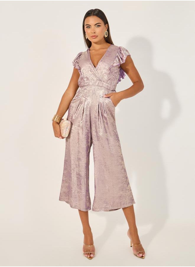Shimmer Ruffle Sleeves Wide Leg Jumpsuit