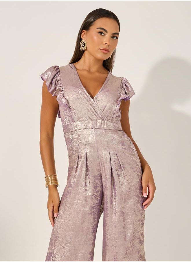 Shimmer Ruffle Sleeves Wide Leg Jumpsuit