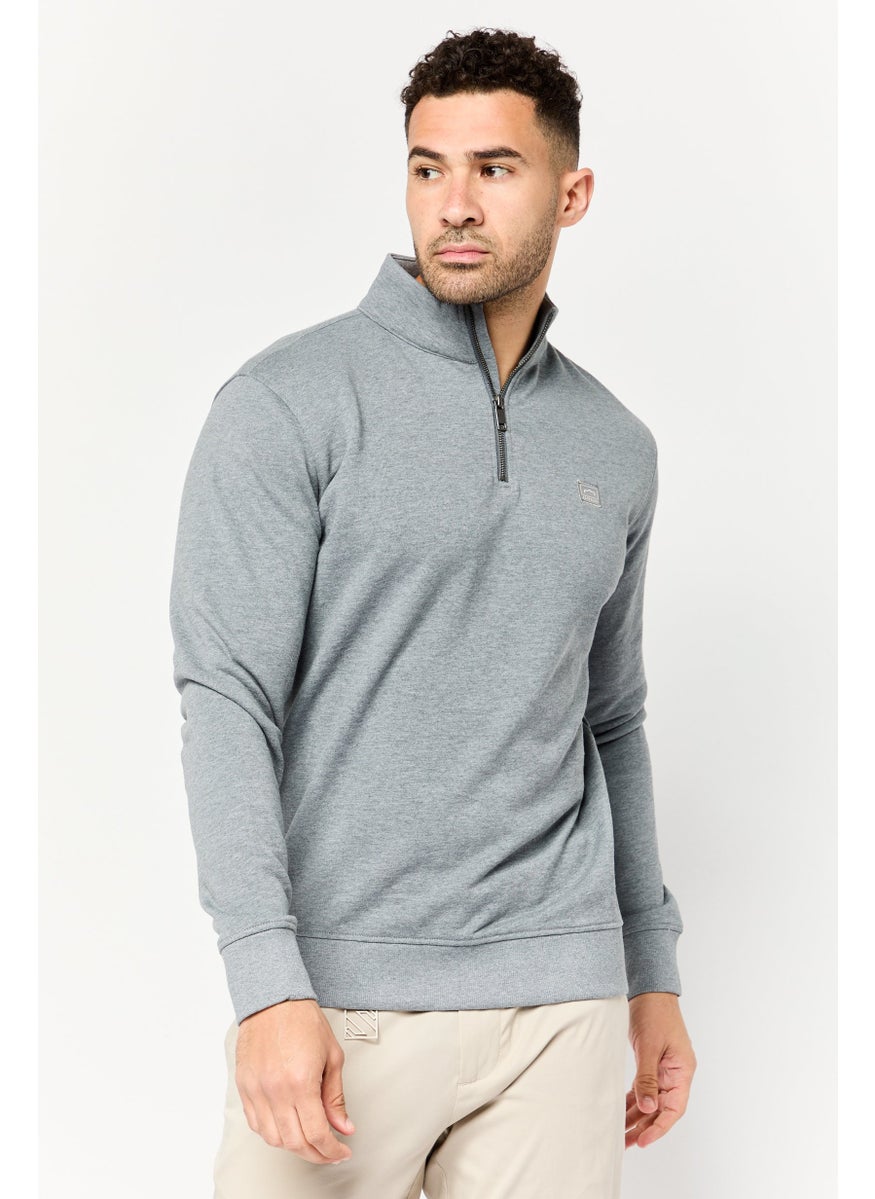 Men High Neck Long Sleeves Brand Logo Sweatshirt, Grey
