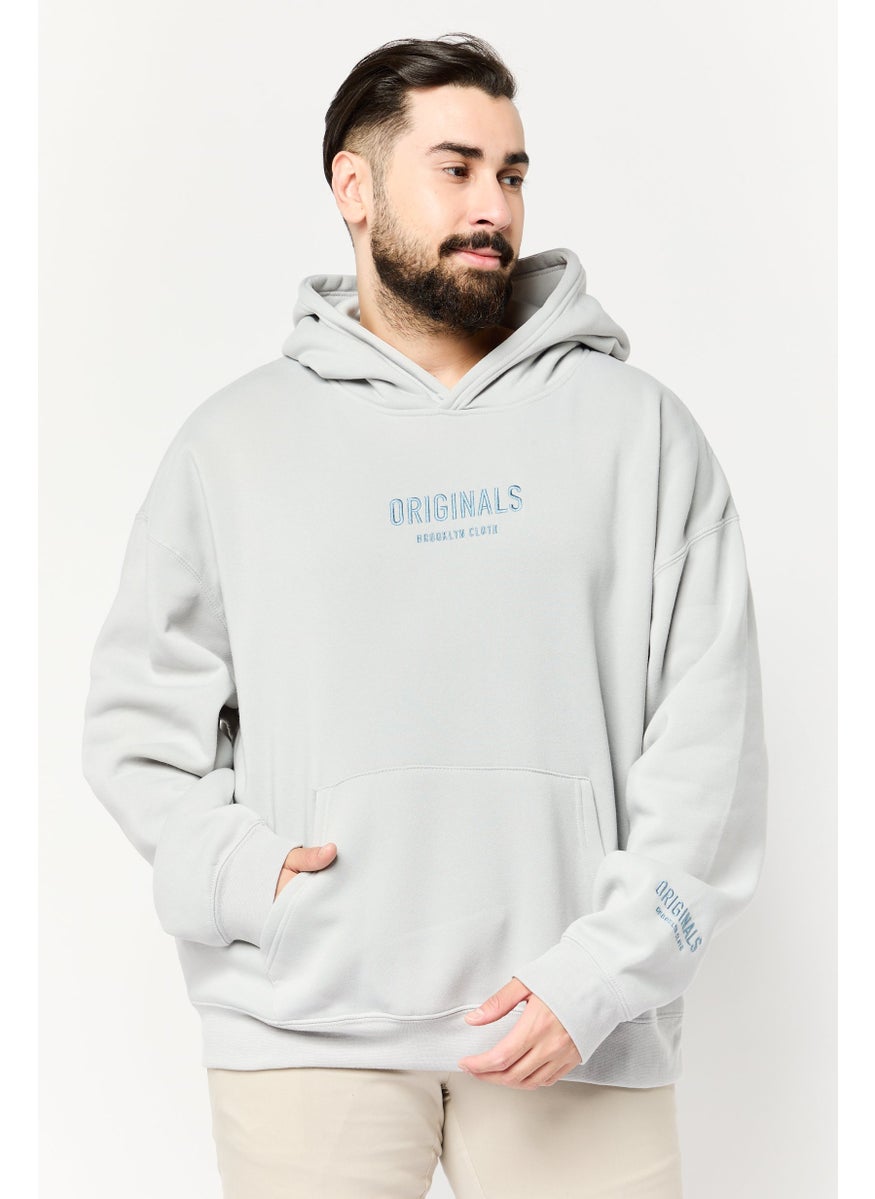 Men Hooded Embroidered Logo Long Sleeve Sweatshirts, Grey