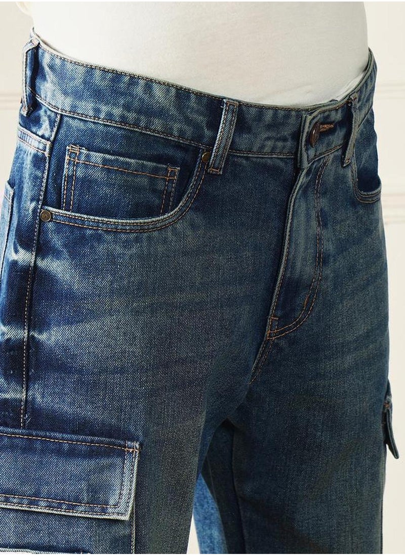Men's Medium Blue 100% Cotton Solid Full Length Relaxed Fit Jeans