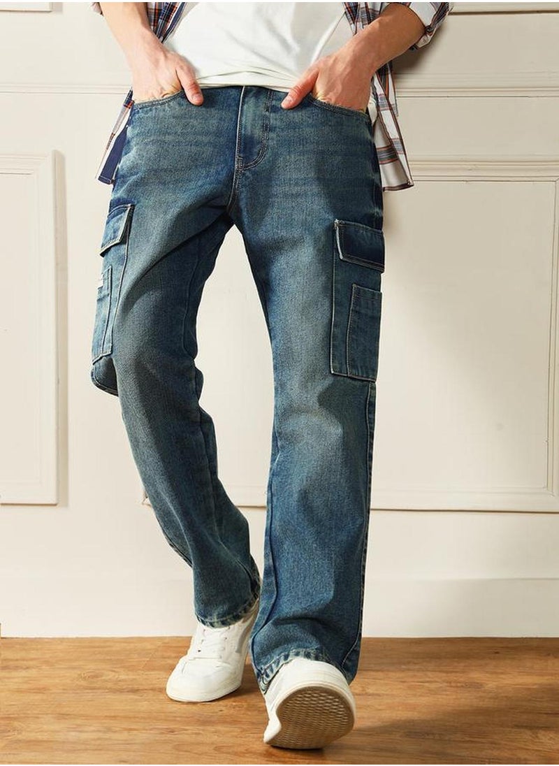 Men's Medium Blue 100% Cotton Solid Full Length Relaxed Fit Jeans