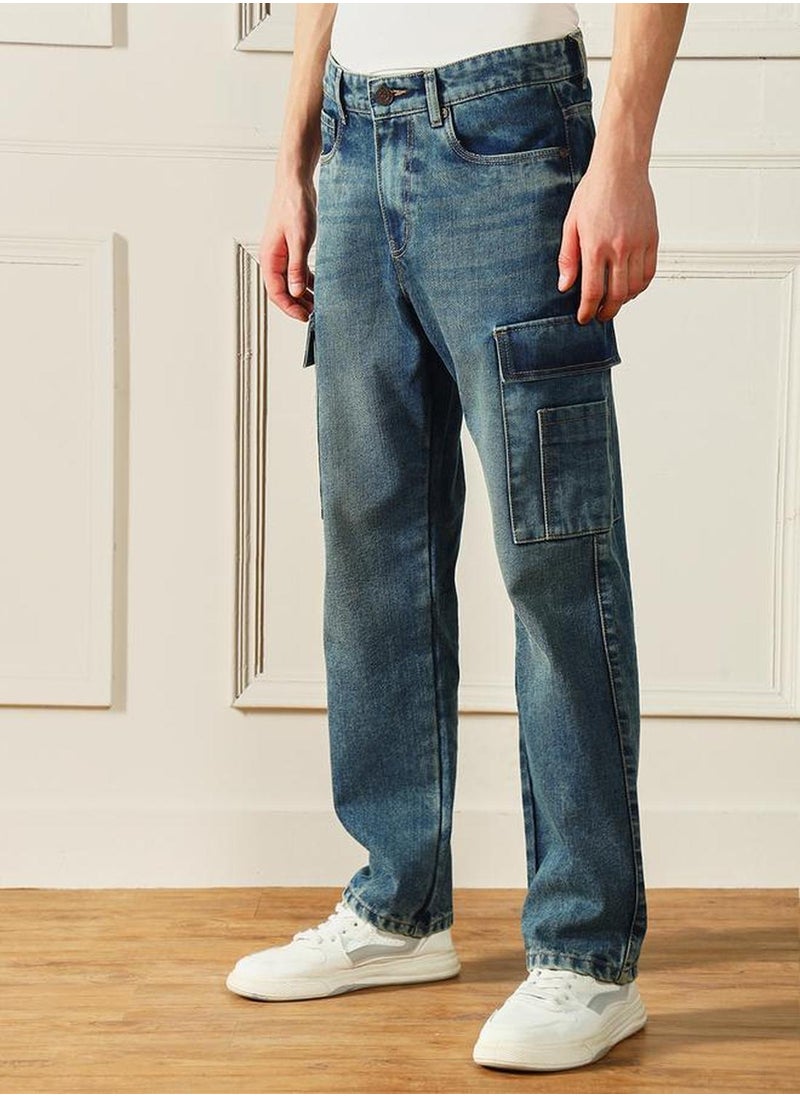 Men's Medium Blue 100% Cotton Solid Full Length Relaxed Fit Jeans