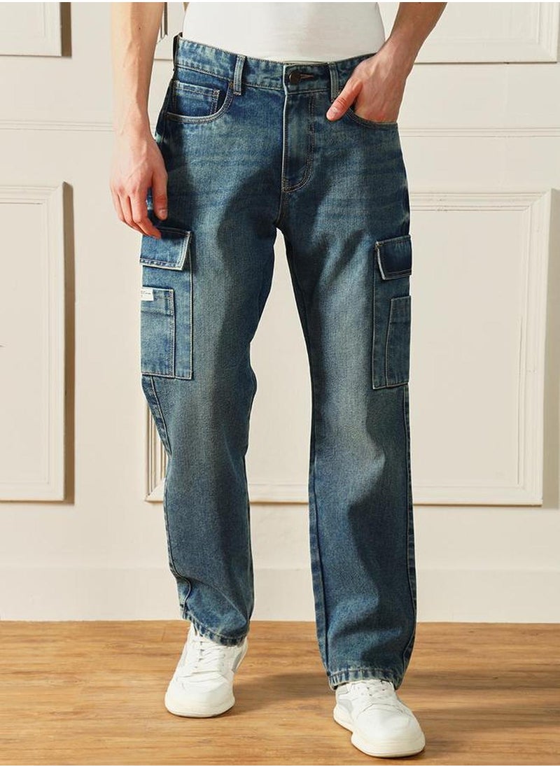 Men's Medium Blue 100% Cotton Solid Full Length Relaxed Fit Jeans