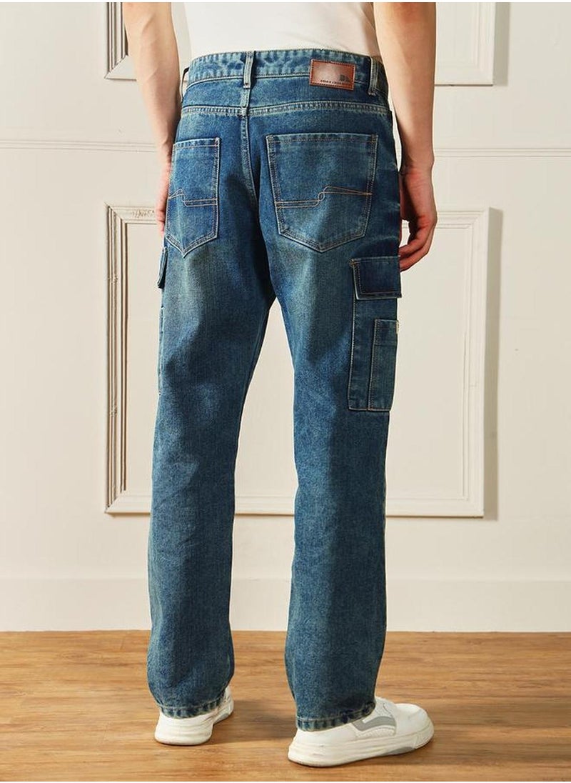 Men's Medium Blue 100% Cotton Solid Full Length Relaxed Fit Jeans