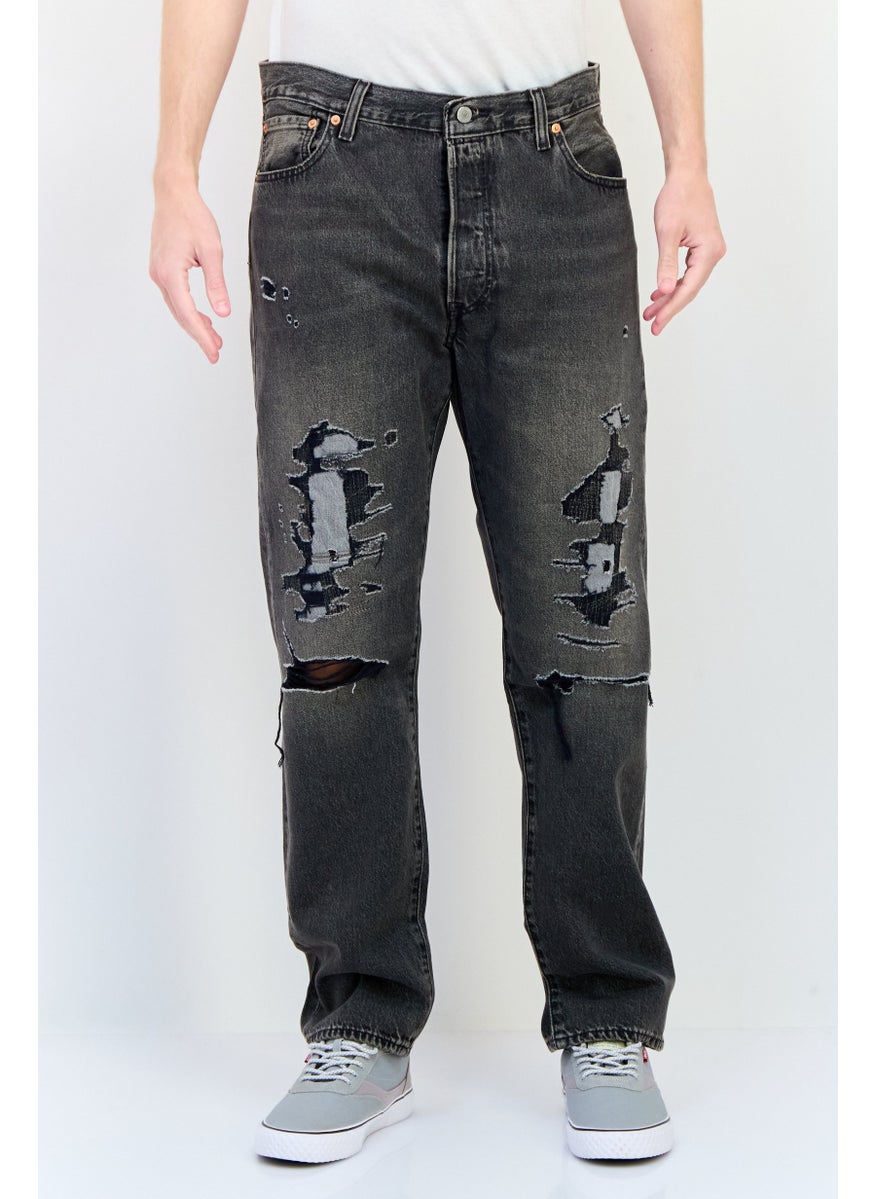 Men Regular Fit Distressed No Stretch Denim, Charcoal