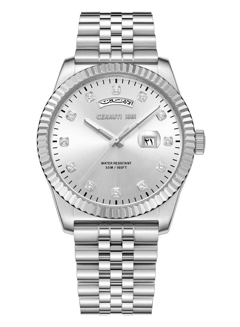 Women's Chienti Analog Watch - Silver Sunray Dial, Swarovski Crystal Markers, Arabic date and day