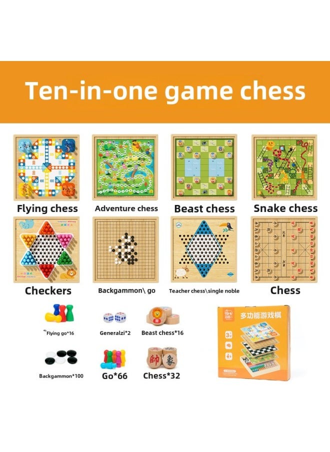 Xiao Mu Yi Children's Educational Checkers Colosseum Chess Multifunctional Chess Table Game Wooden All-in-One-Color:Xmy-10 In 1-a (fly + Five + Jump + Elephant + Snake + Bucket + Rising)