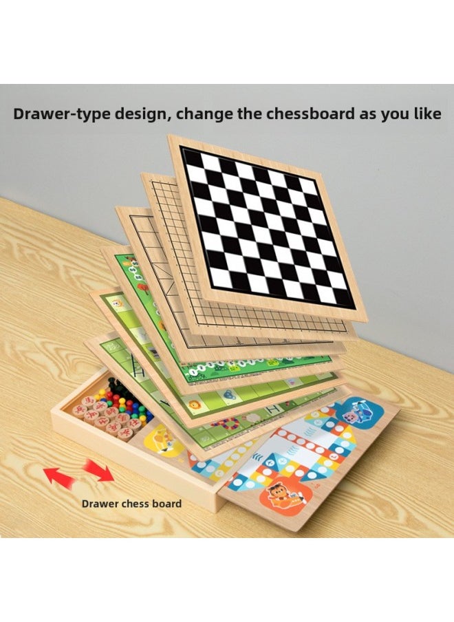 Xiao Mu Yi Children's Educational Checkers Colosseum Chess Multifunctional Chess Table Game Wooden All-in-One-Color:Xmy-10 In 1-a (fly + Five + Jump + Elephant + Snake + Bucket + Rising)