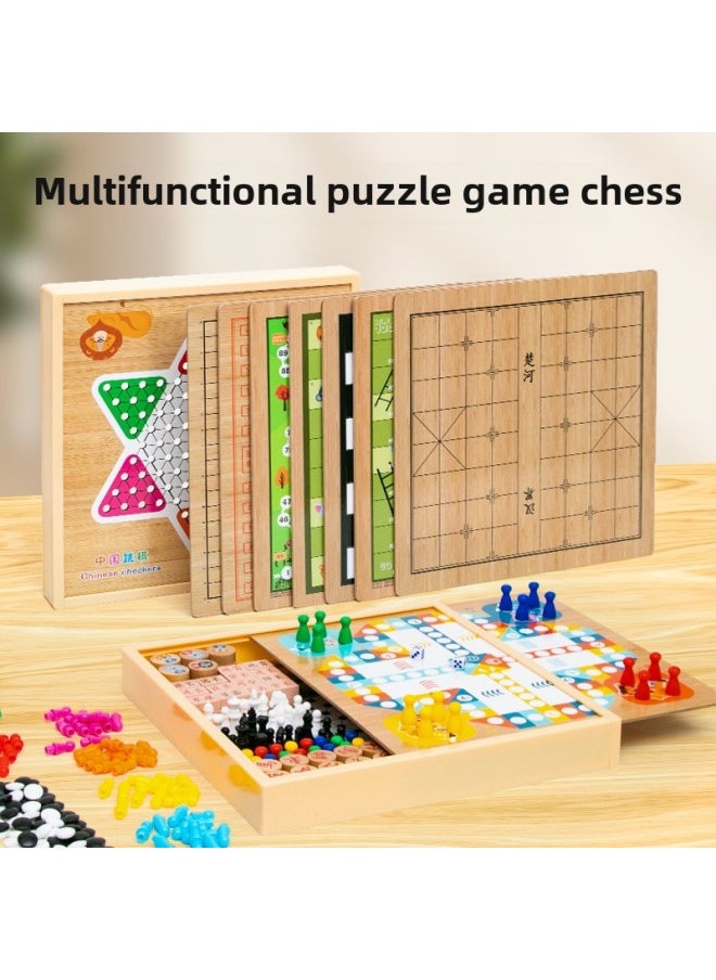 Xiao Mu Yi Children's Educational Checkers Colosseum Chess Multifunctional Chess Table Game Wooden All-in-One-Color:Xmy-7 In 1 (fly + Five + Jump + Bucket + Rising + Single + Master)