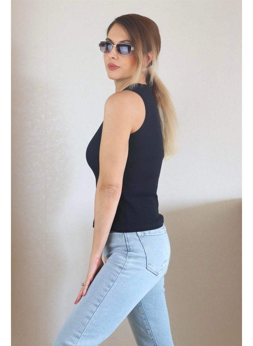 Women's Thin Ribbed Black Cotton Undershirt