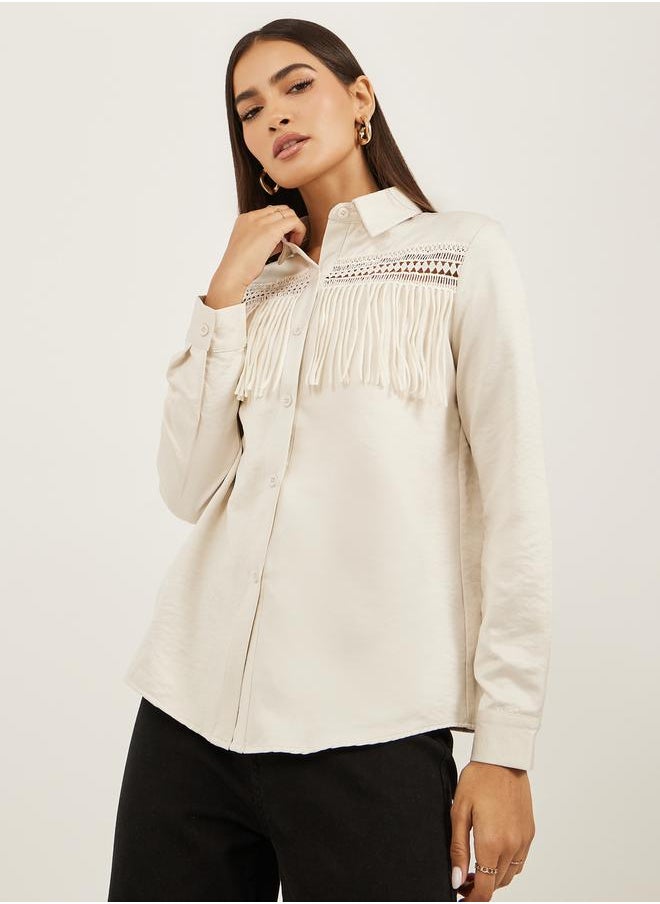 Solid Lace Insert Regular Fit Shirt with Fringe Detail
