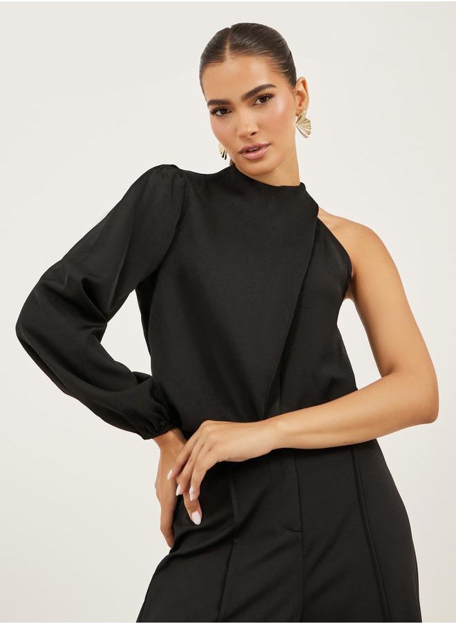 Solid High Neck Balloon Sleeve Blouse